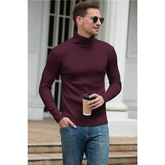 Men's Casual Slim Fit Turtleneck Pullover Sweaters Tops with Twist - Picture 2 of 5